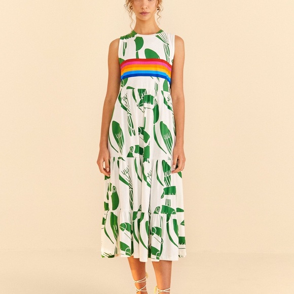 FARM RIO NWT Off-White Rainbow Toucans Organic Cotton Maxi Dress Size Large - Picture 3 of 9